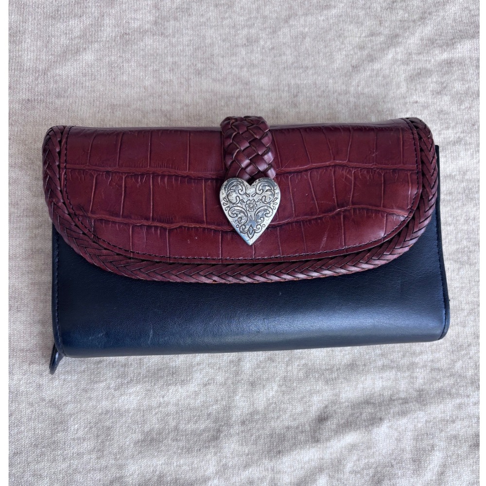 VTG Brighton Leather Tri-Fold Organizer Wallet Croc Heart Black Multi Pocket